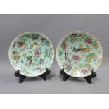 Two Chinese celadon glazed plates with butterflies and bird pattern, 19cm, (2)