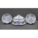 19th century Staffordshire blue and white transfer printed soup tureen and stand with two ,