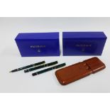 Waterman leather cased set comprising a fountain pen, and two ballpoint pens and a brown leather