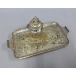 A late 19th / early 20th century mixed metal desk inkstand with bird and dragonfly pattern, 24cm