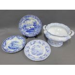 19th century blue and white transfer printed pottery to include a Bells Italian Scenery punch bowl