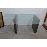 Contemporary glass topped desk / table with faux zebra wood platform legs 174 x 78 x 110cm