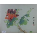 Japanese School, watercolour on silk of a flowering branch, framed between glass, size overall 45