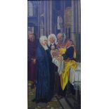 An oil on canvas of a Baptism, apparently unsigned, framed, 15 x 31cm