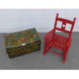 Child's red painted wooden rocking chair and a tin trunk painted with toy soldiers, 50 x 30cm (2)