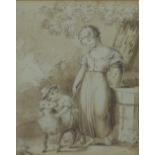 18th century ink and pencil drawing of a girl, child and ram, unsigned and framed under glass, 16