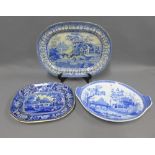 19th century Staffordshire blue and white transfer printed ashets to include Spode Tiber, Shepherd