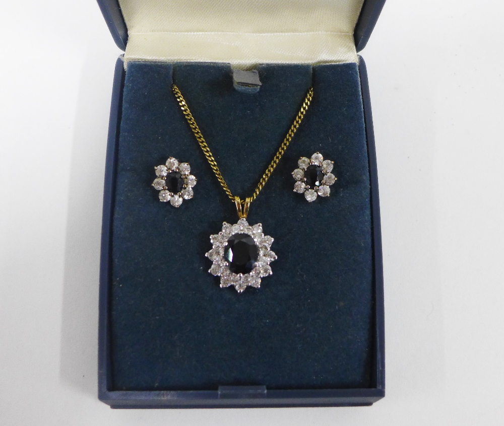 9ct gold, sapphire and paste set earrings and necklace suite