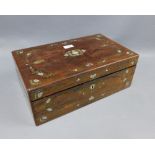 19th century rosewood veneered writing box with brass and abalone inlaid decoration, 40 x 24cm