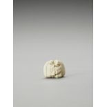 MASATOMO: AN IVORY NETSUKE OF HOTEI WITH TREASURE BAG