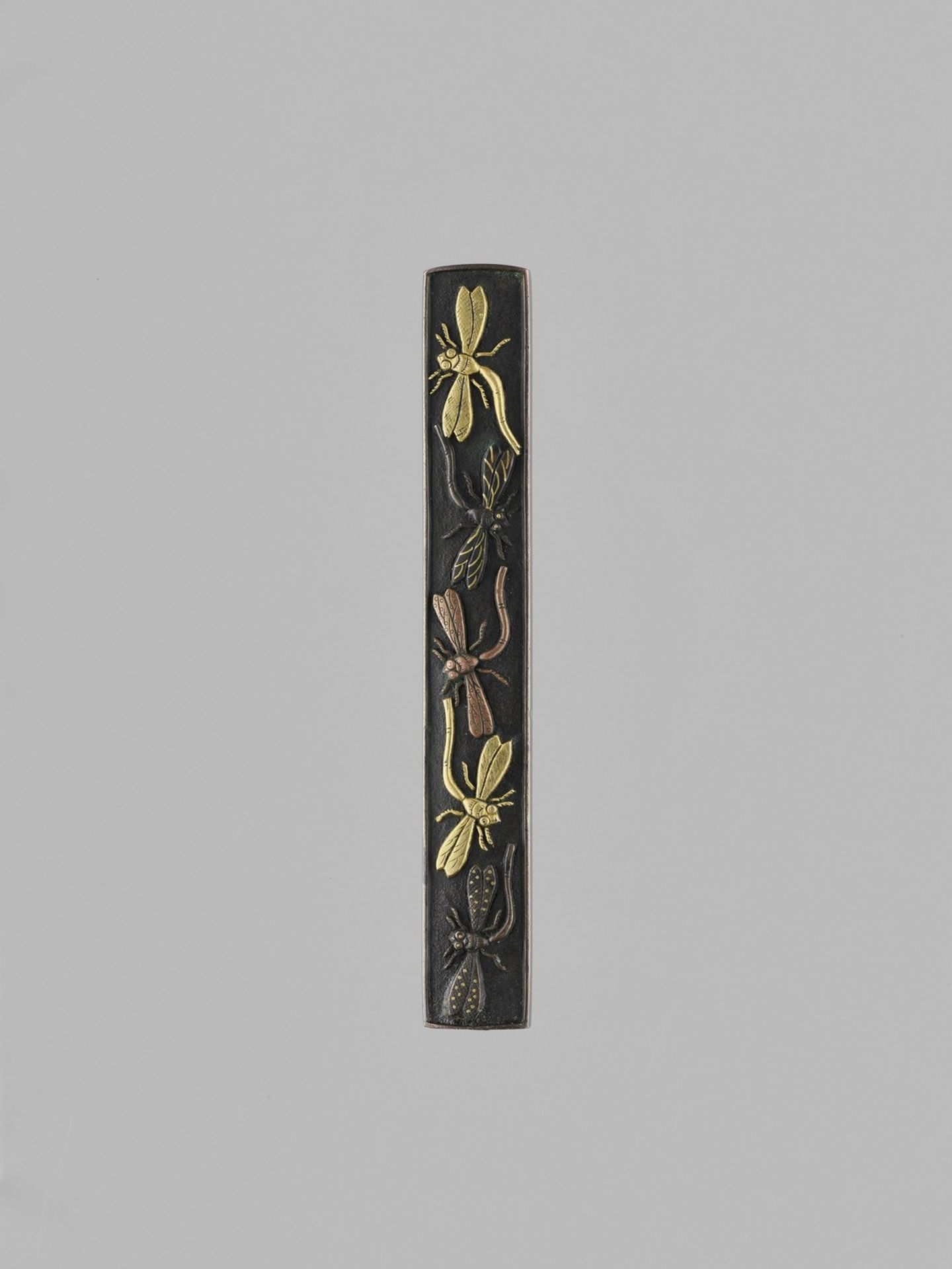 A SHIBUICHI KOZUKA WITH INLAID DRAGONFLIES