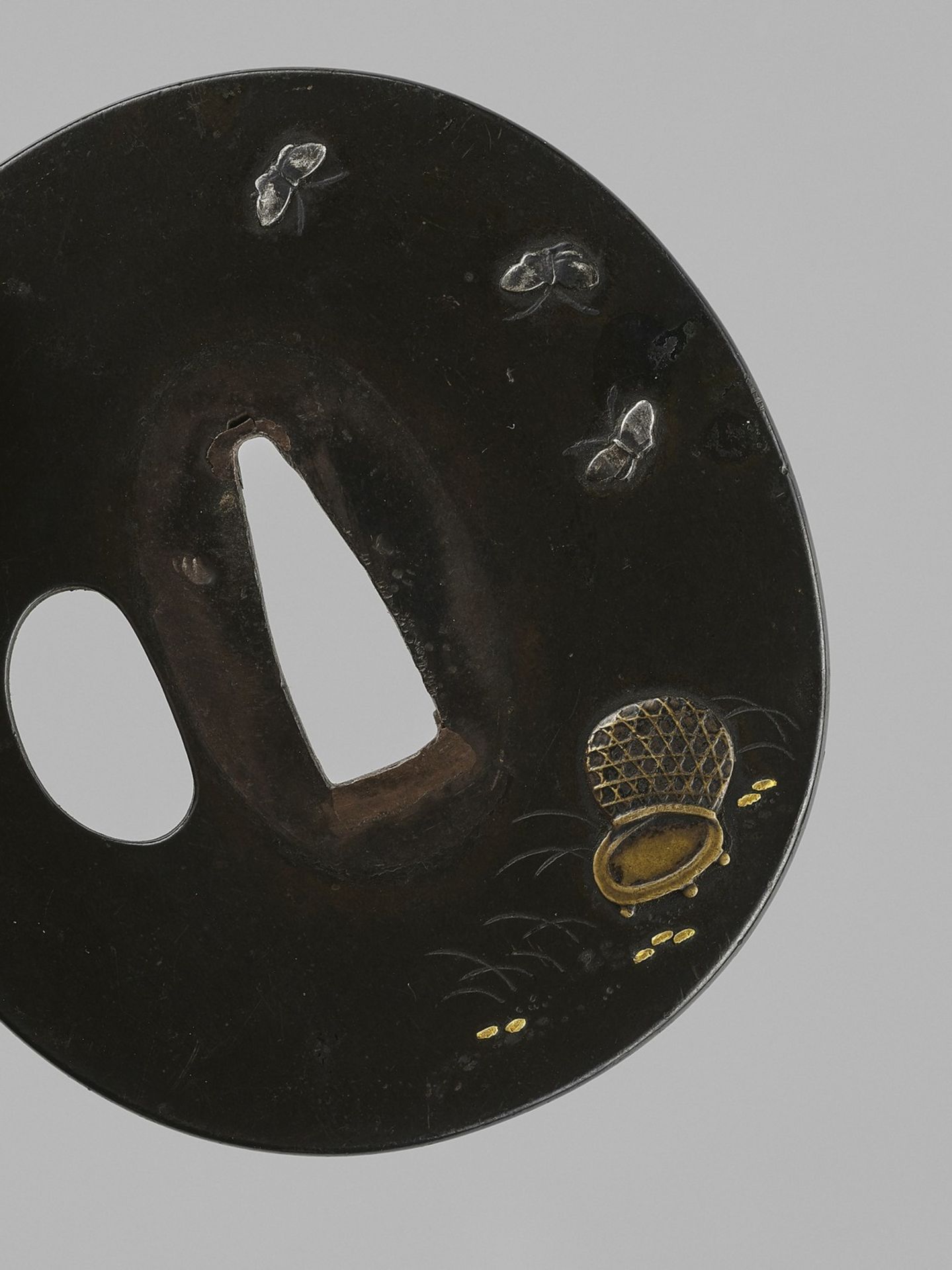 A SHIBUICHI TSUBA WITH BUTTERFLIES AND BASKET - Image 3 of 4