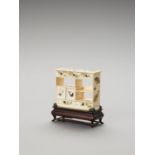 A FINE MINIATURE SHIBAYAMA-INLAID IVORY DISPLAY CABINET WITH ORIGINAL STAND