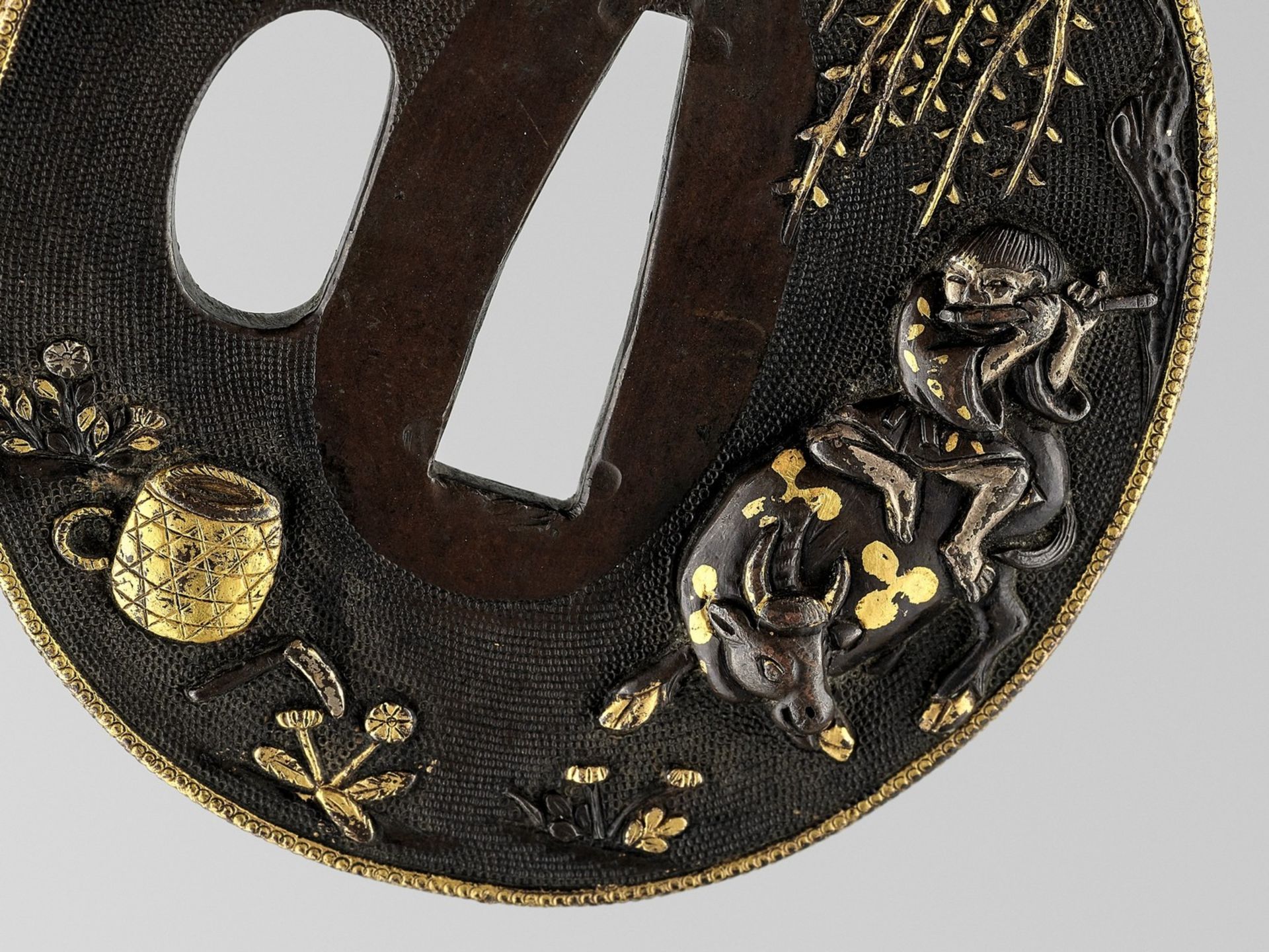 A GOLD AND SILVER-INLAID SHAKUDO TSUBA WITH OX AND BOKUDO - Image 2 of 4