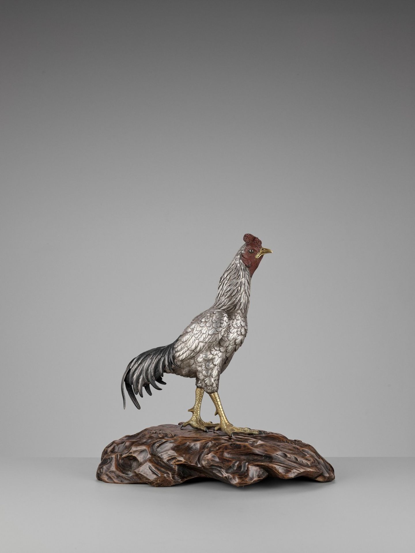 SEIYA: AN UNUSUAL AND RARE PARCEL-GILT SILVERED BRONZE OKIMONO OF A COCKEREL - Image 10 of 14