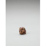 MASANAO: A FINE WOOD NETSUKE OF A SHISHI WITH BROCADE BALL