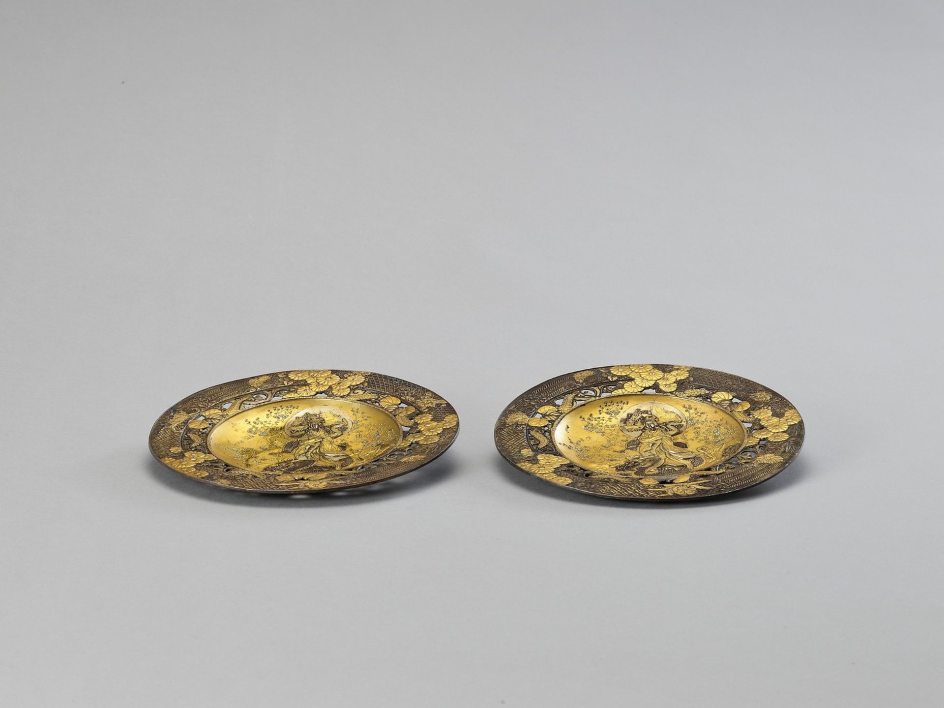 TWO IMPRESSIVE GILT METAL PLATES WITH BENTEN AND DRAGON - Image 2 of 5