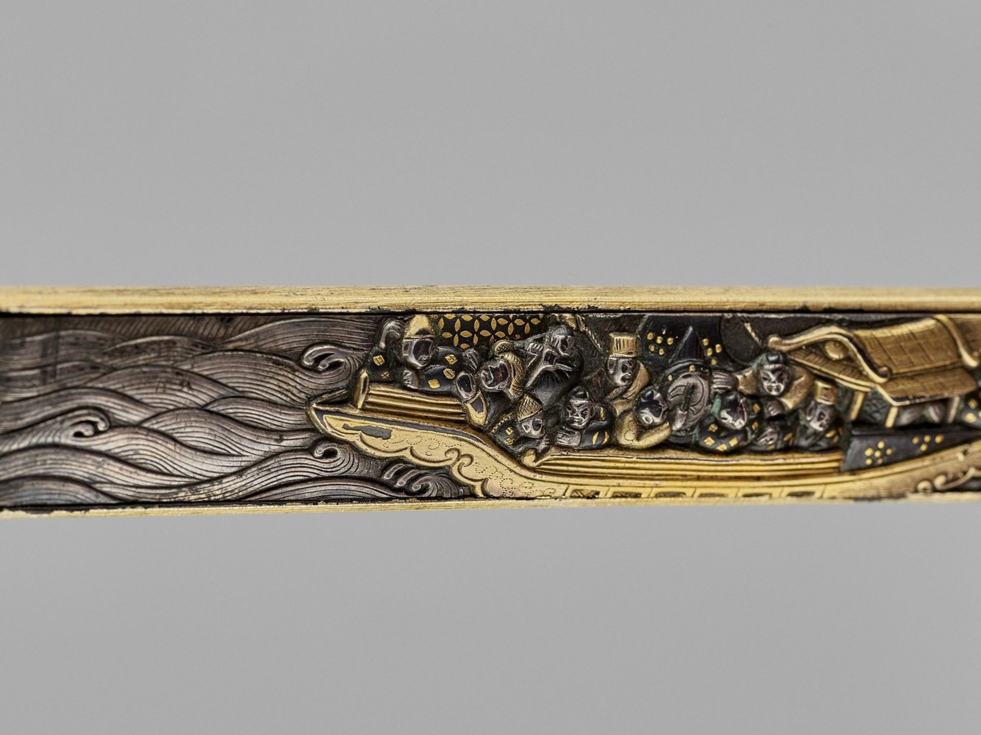 A FINE GILT SHIBUICHI KOZUKA WITH PLEASURE BOAT - Image 3 of 4