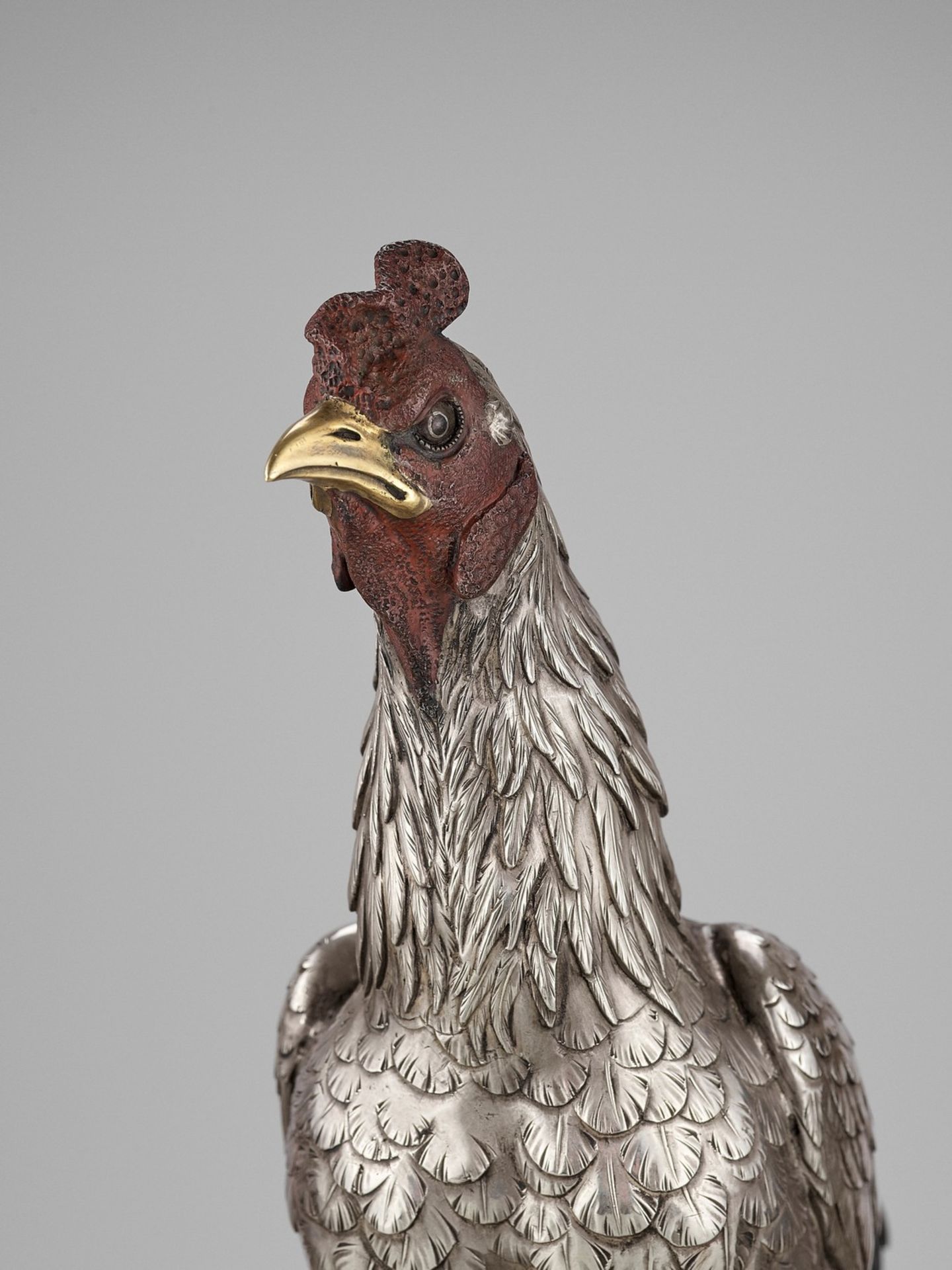 SEIYA: AN UNUSUAL AND RARE PARCEL-GILT SILVERED BRONZE OKIMONO OF A COCKEREL - Image 2 of 14