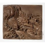 A MASSIVE AND FINELY CARVED WOOD PANEL WITH SHISHI AND CUB