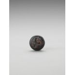 A WOOD MANJU NETSUKE OF BISHAMON