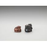 TWO WOOD NETSUKE OF SHISHI