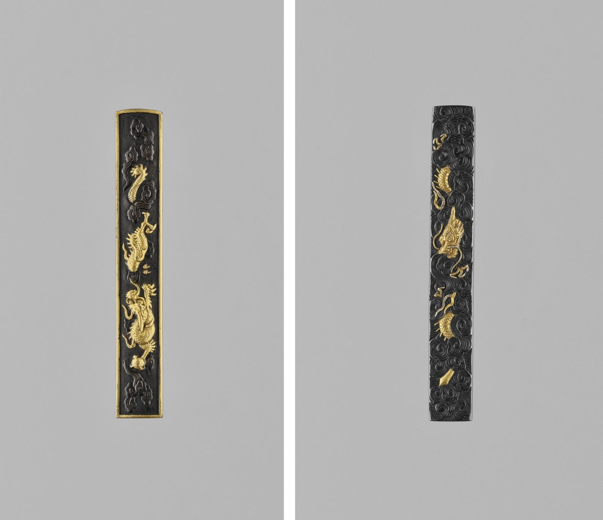 TWO GOLD AND SHAKUDO KOZUKA WITH DRAGONS