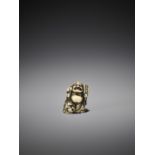 A RARE AND EARLY MARINE IVORY NETSUKE OF A BIZEN MODEL OF HOTEI