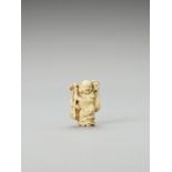 TOMOAKI: AN IVORY NETSUKE OF HOTEI CARRYING A KARAKO