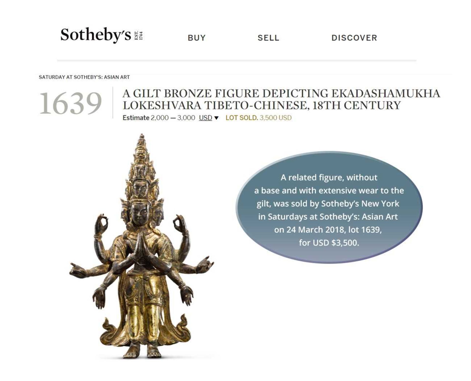 A SINO-TIBETAN GILT BRONZE FIGURE OF EKADASHAMUKHA AVALOKITESVARA, QING - Bild 4 aus 7