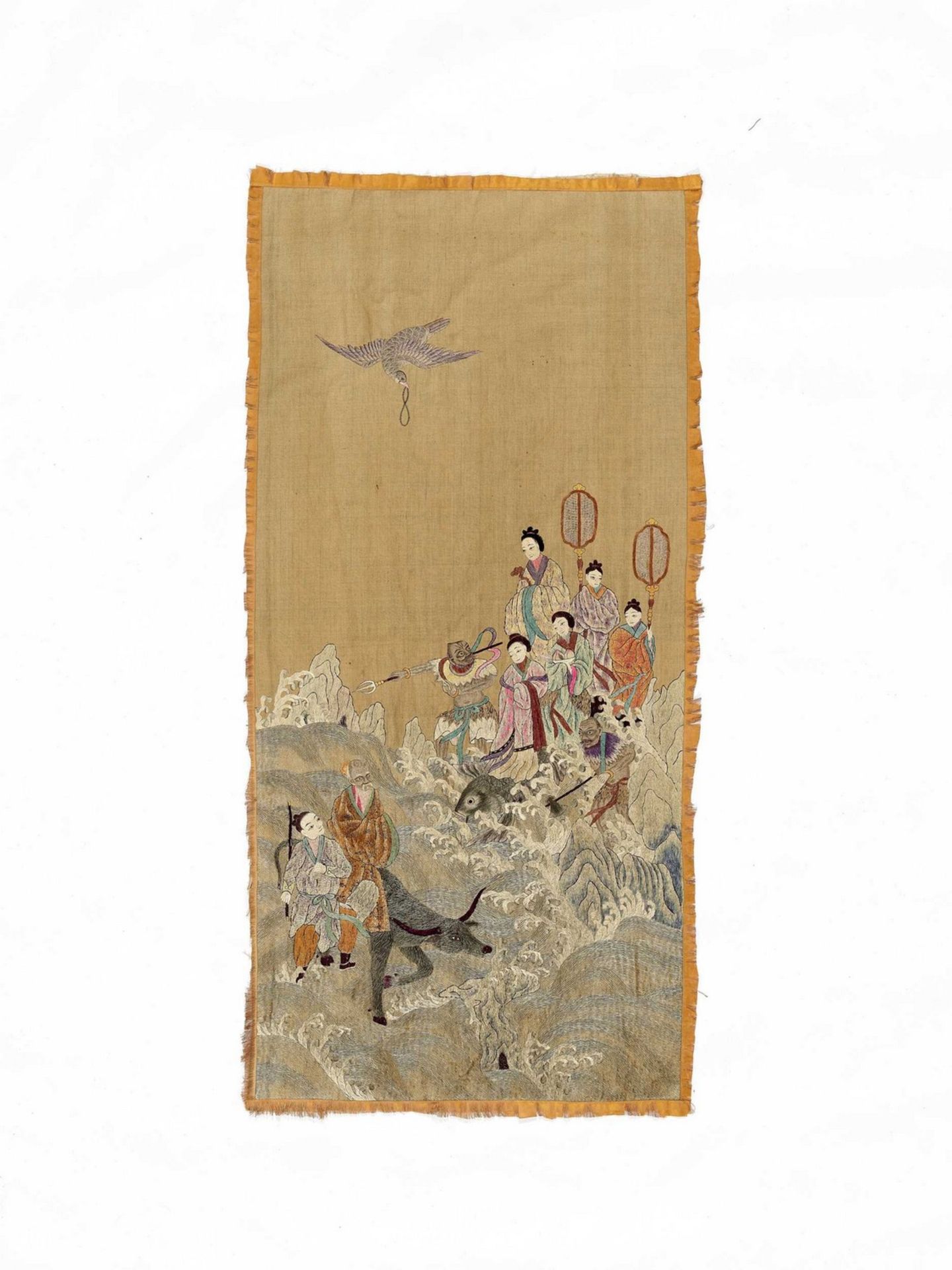 A ‘SATIN STICH’ EMBROIDERY OF IMMORTALS CROSSING THE SEA, LATE QING