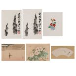 A GROUP OF COLOR WOODBLOCK PRINTS, HAND-COLORED PRINT AND MOUNTED FAN-SHAPED DRAWING