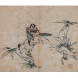 A CHINESE ORIGINAL PRINT OF A BIRD ON A ROCK, 19TH CENTURY