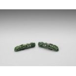 TWO SPINACH GREEN JADE ‘DRAGON’ BELT HOOKS, LATE QING