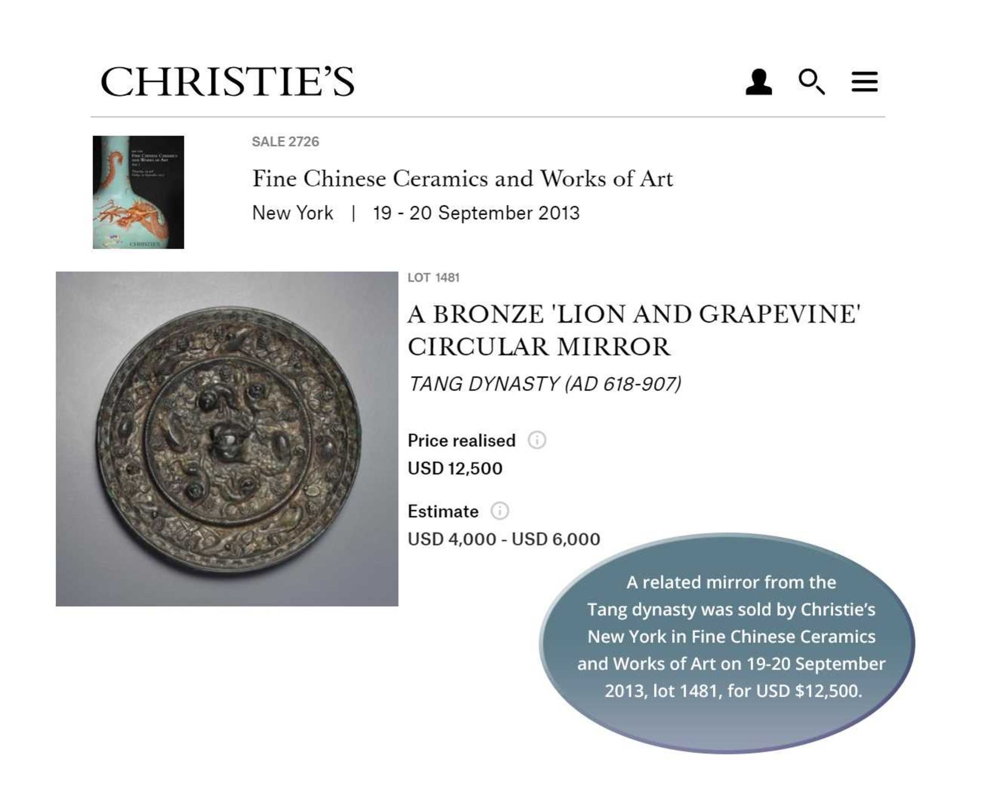 A BRONZE ‘LION AND GRAPEVINE’ MIRROR, FIVE DYNASTIES - Image 3 of 3