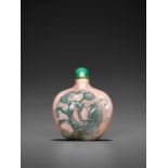 A GREEN OVERLAY PINK GLASS 'CARP IN LOTUS POND' SNUFF BOTTLE, QING DYNASTY