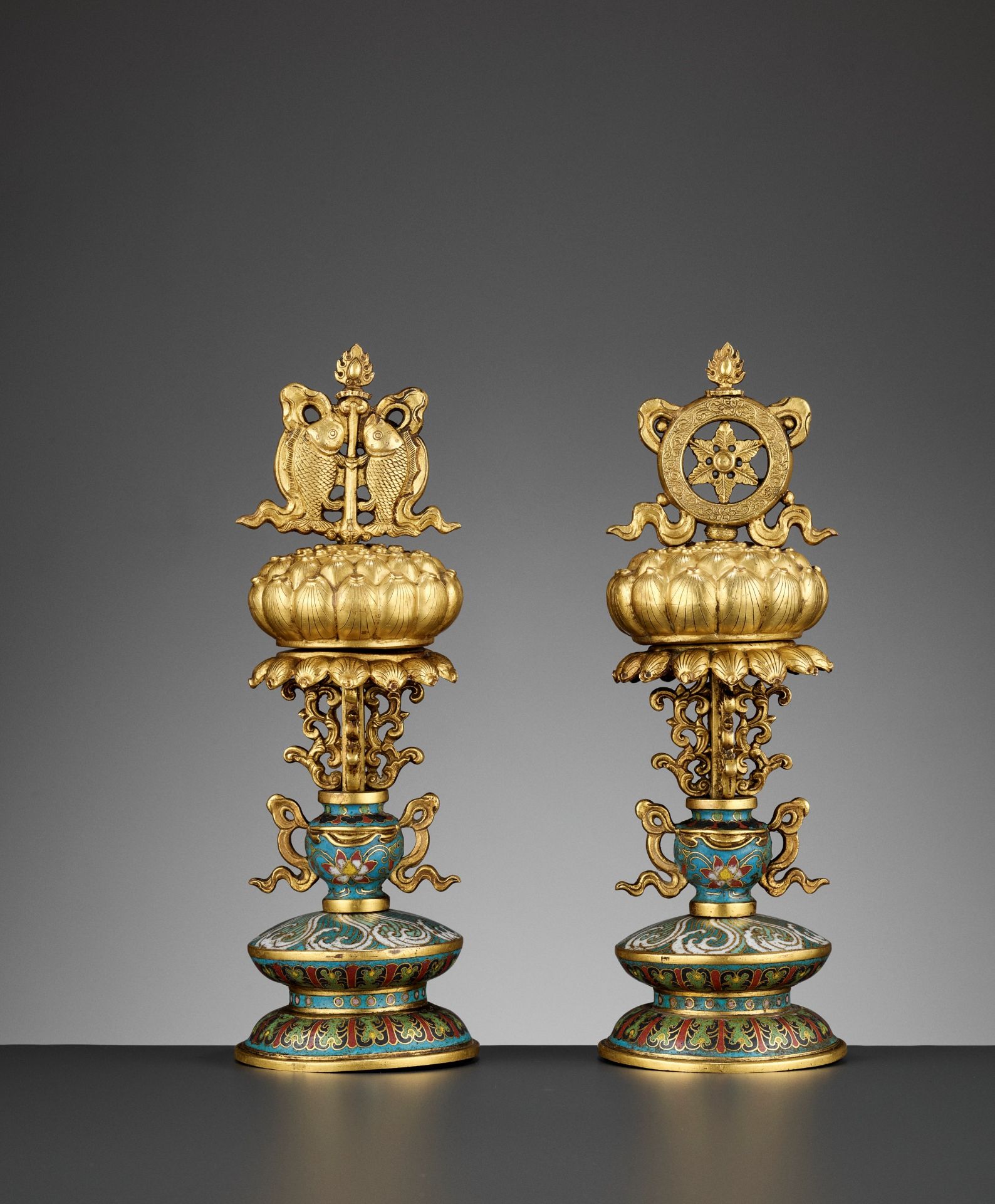 TWO BUDDHIST EMBLEMS, CLOISONNE ENAMEL AND GILT-BRONZE, QIANLONG PERIOD