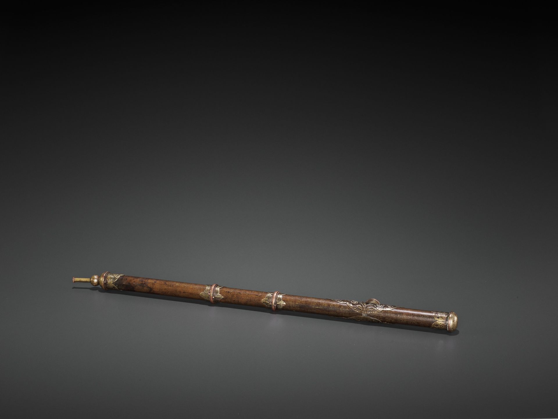 AN INSCRIBED BRONZE OPIUM PIPE WITH SILVER AND COPPER FITTINGS, LATE QING TO REPUBLIC - Image 8 of 8
