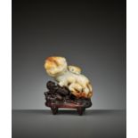 A RUSSET AND WHITE JADE 'BUDDHIST LION' WATER POT AND COVER WITH MATCHING HARDWOOD BASE, LATE MING T