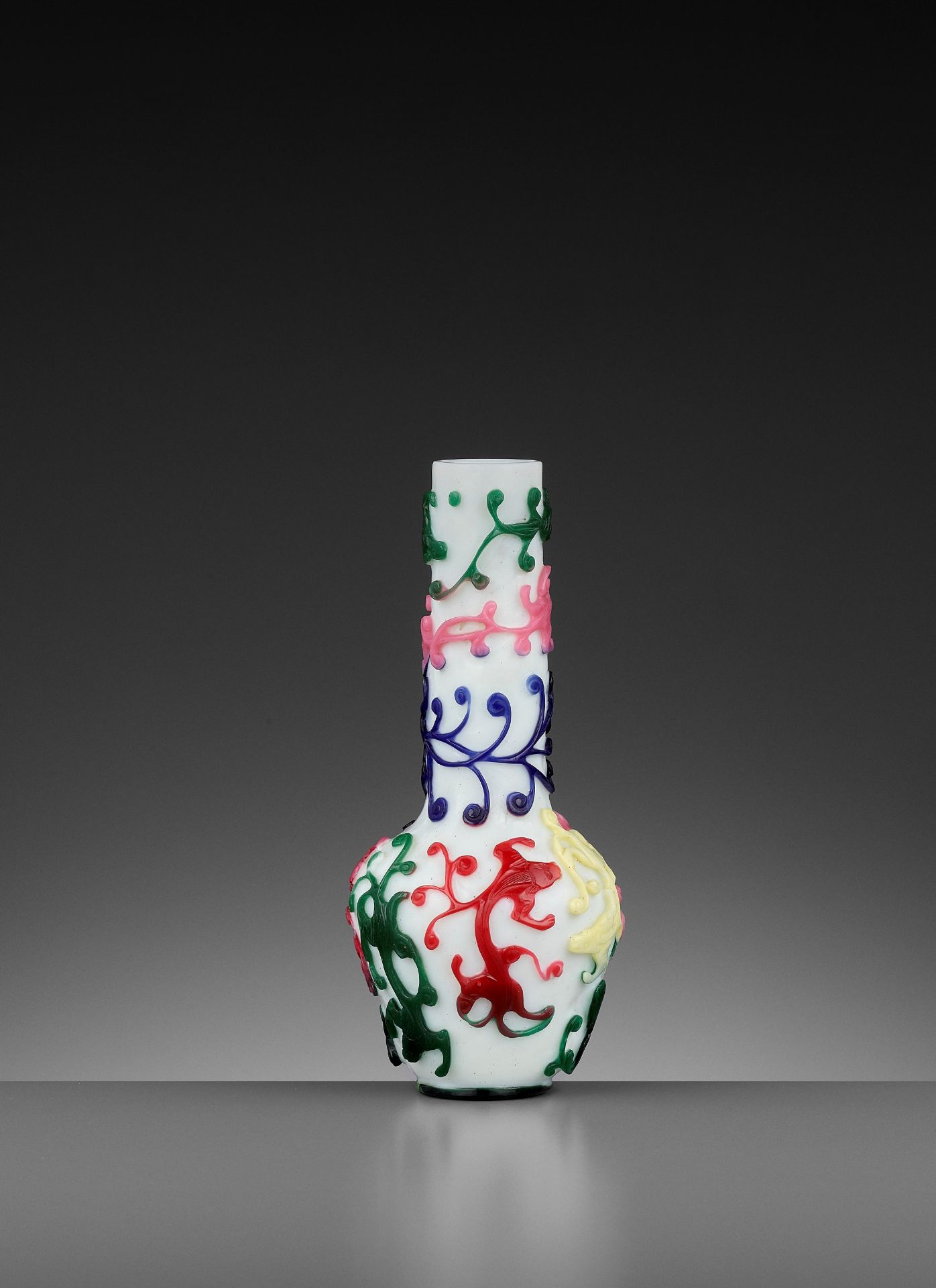 A FIVE-COLOR OVERLAY GLASS 'CHILONG' BOTTLE VASE, QIANLONG MARK AND PERIOD
