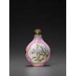 A PINK ENAMEL 'SANYANG AND CAT' SNUFF BOTTLE, QING DYNASTY