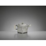 A HEXAGONAL PEWTER-ENCASED AND JADE-INSET YIXING TEAPOT AND COVER, QING