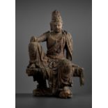 A LARGE AND MASSIVE WOOD STATUE OF GUANYIN, MING DYNASTY
