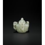 AN OPENWORK PALE CELADON JADE 'CHILONG' WATER POT AND COVER, QING