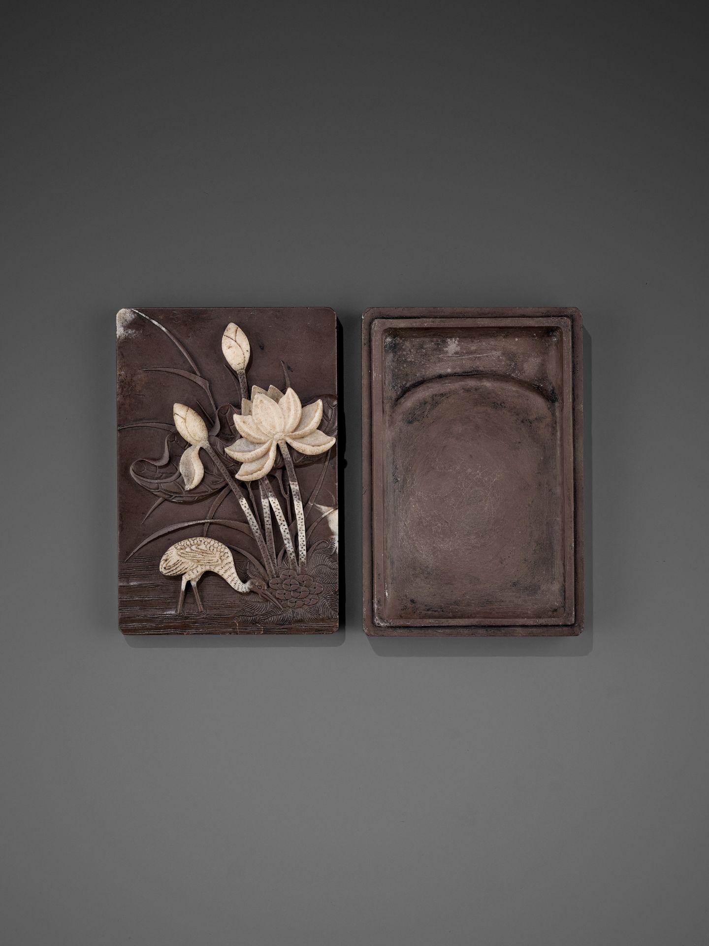 A DUAN 'CRANE AND LOTUS' INKSTONE AND COVER, QING - Image 6 of 12