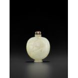 A RARE PALE CELADON 'CRANE AND DEER' JADE SNUFF BOTTLE, BIANHU, QING DYNASTY