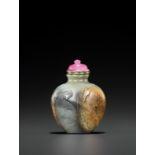 AN INSCRIBED WHITE, GRAY AND RUSSET JADEITE 'TIGER' SNUFF BOTTLE, SIGNATURE OF WANG HENG (1817-1882)