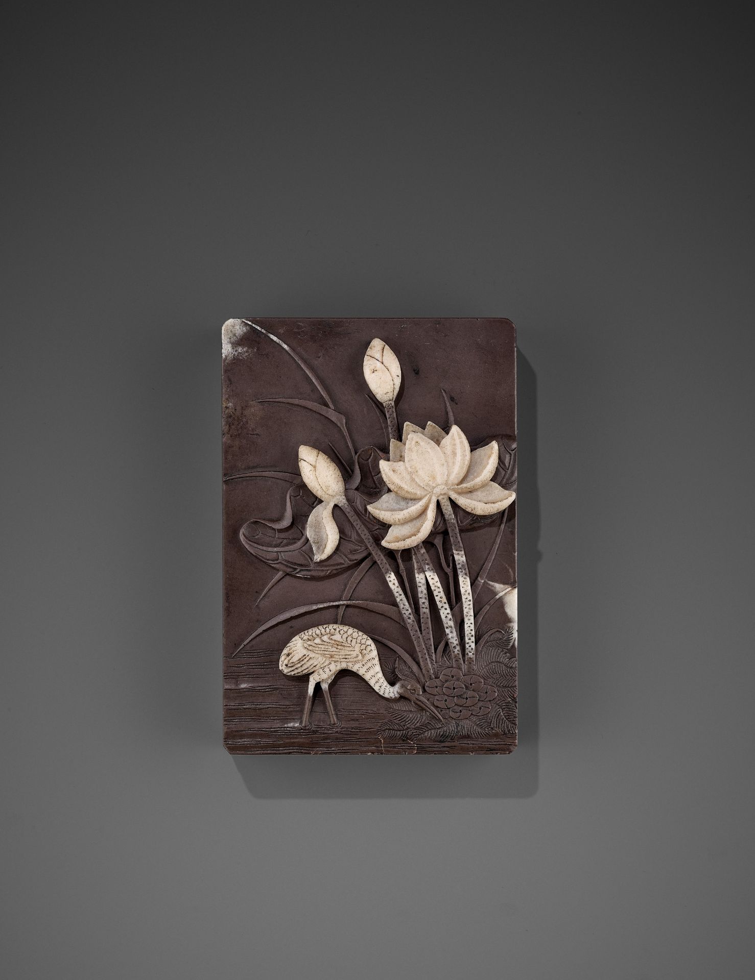 A DUAN 'CRANE AND LOTUS' INKSTONE AND COVER, QING - Image 3 of 12