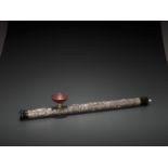 A HARDWOOD OPIUM PIPE WITH BONE, SILVER AND YIXING CERAMIC FITTINGS, LATE QING TO REPUBLIC