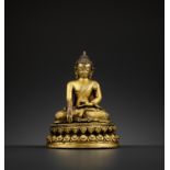 A GILT BRONZE FIGURE OF BUDDHA SHAKYAMUNI, 14TH-15TH CENTURY